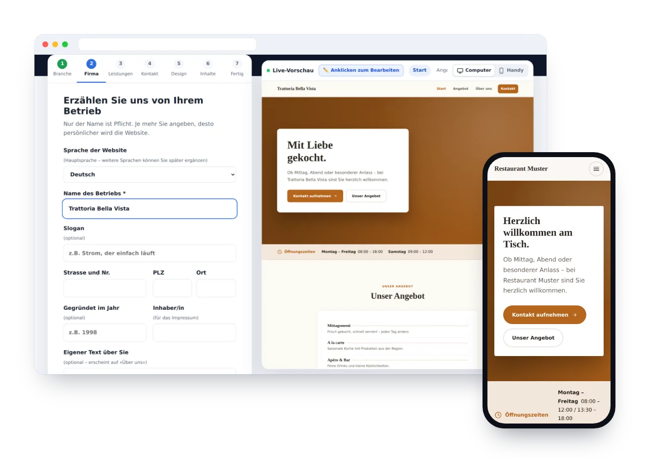 Website-Generator: Fragebogen mit Live-Vorschau auf Computer und Handy